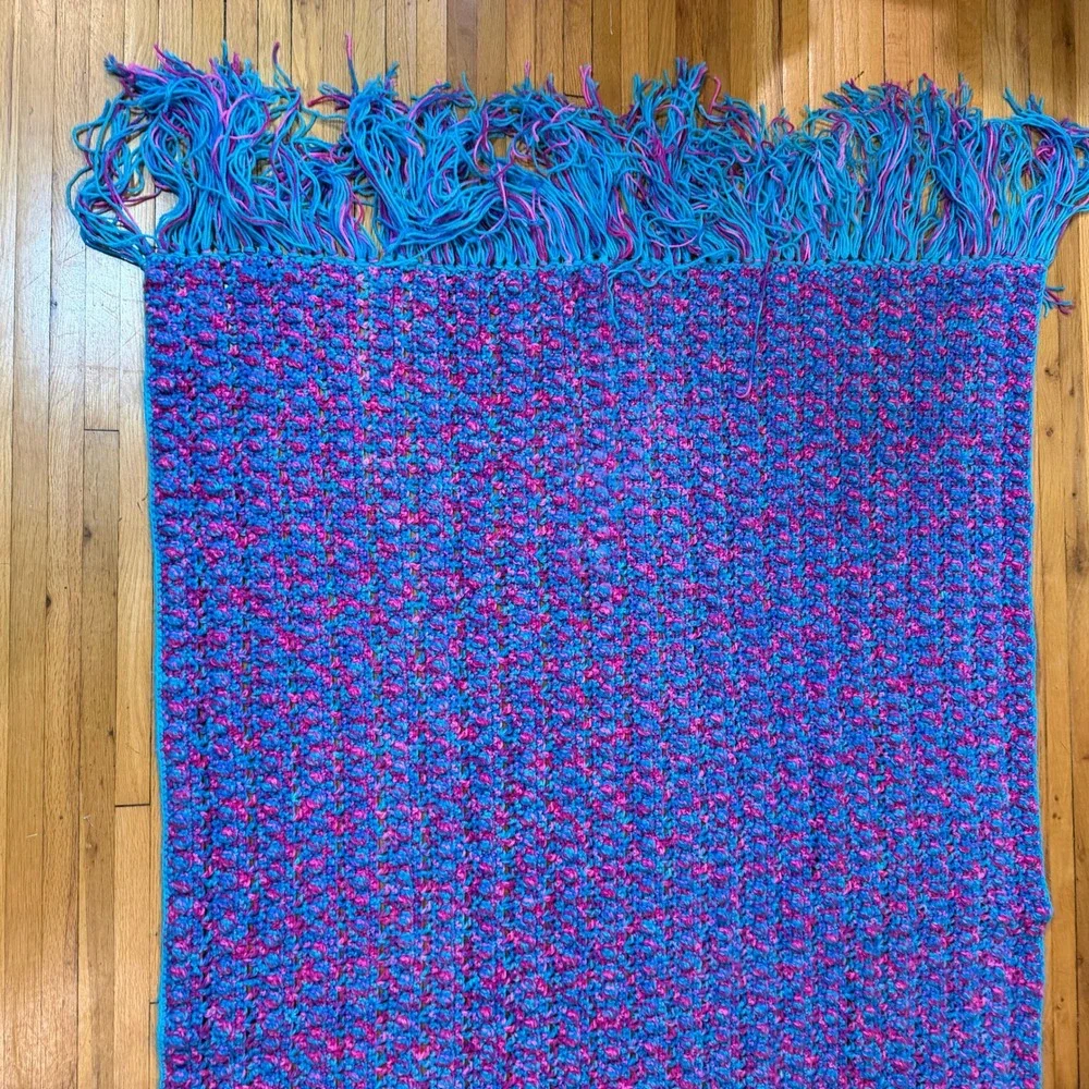Unbranded Blanket Unisex OS Crochet Popcorn Stitch Blue Pink Fringed EUC